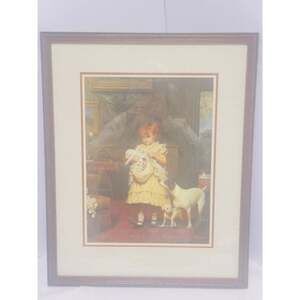 Vintage Framed Art Print Girl With Puppies Dog by Charles Burton Barber